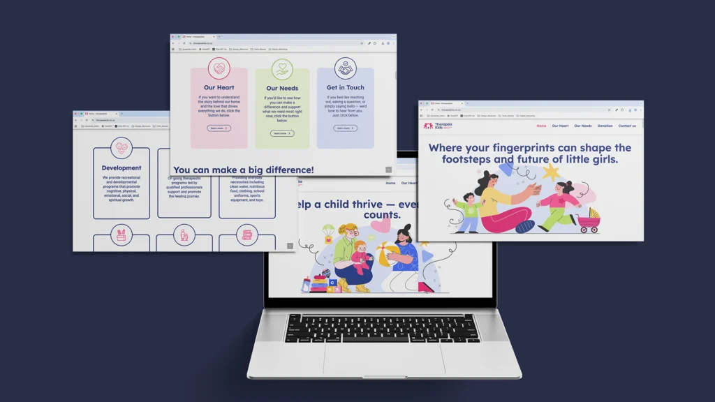 Webdesign für Therapea Kids mit Illustrationen, Spendenaufrufen und klarer Struktur – moderner Online-Auftritt für Kinder-Schutzorganisation in Südafrika.