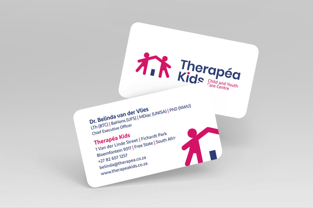 Visitenkarten-Design für Therapea Kids mit Logo, Kontaktdaten und Corporate Identity – professioneller Markenauftritt für Safe Shelter Organisation.