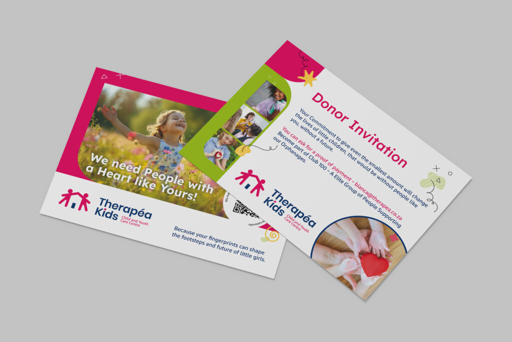 Spendenkarten für Therapea Kids mit emotionalen Bildern und Aufruf zur Unterstützung – Fundraising-Material für Kinderhilfsorganisation in Südafrika.