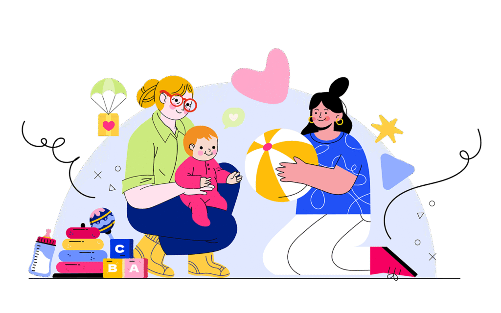 Illustration für Therapea Kids: zwei Erwachsene spielen mit einem Kleinkind und fördern Geborgenheit, Sicherheit und Entwicklung – visuelles Design für Kinderschutz-Organisation in Südafrika.