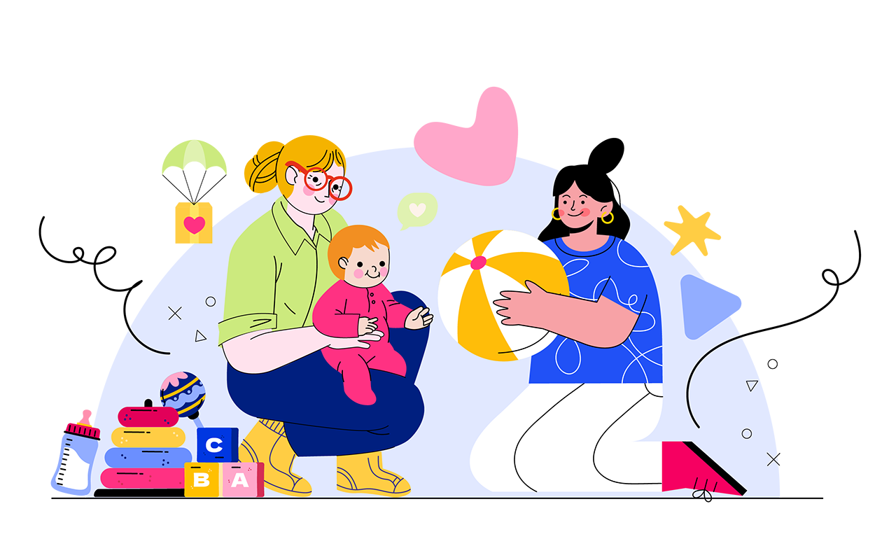 Illustration für Therapea Kids: zwei Erwachsene spielen mit einem Kleinkind und fördern Geborgenheit, Sicherheit und Entwicklung – visuelles Design für Kinderschutz-Organisation in Südafrika.