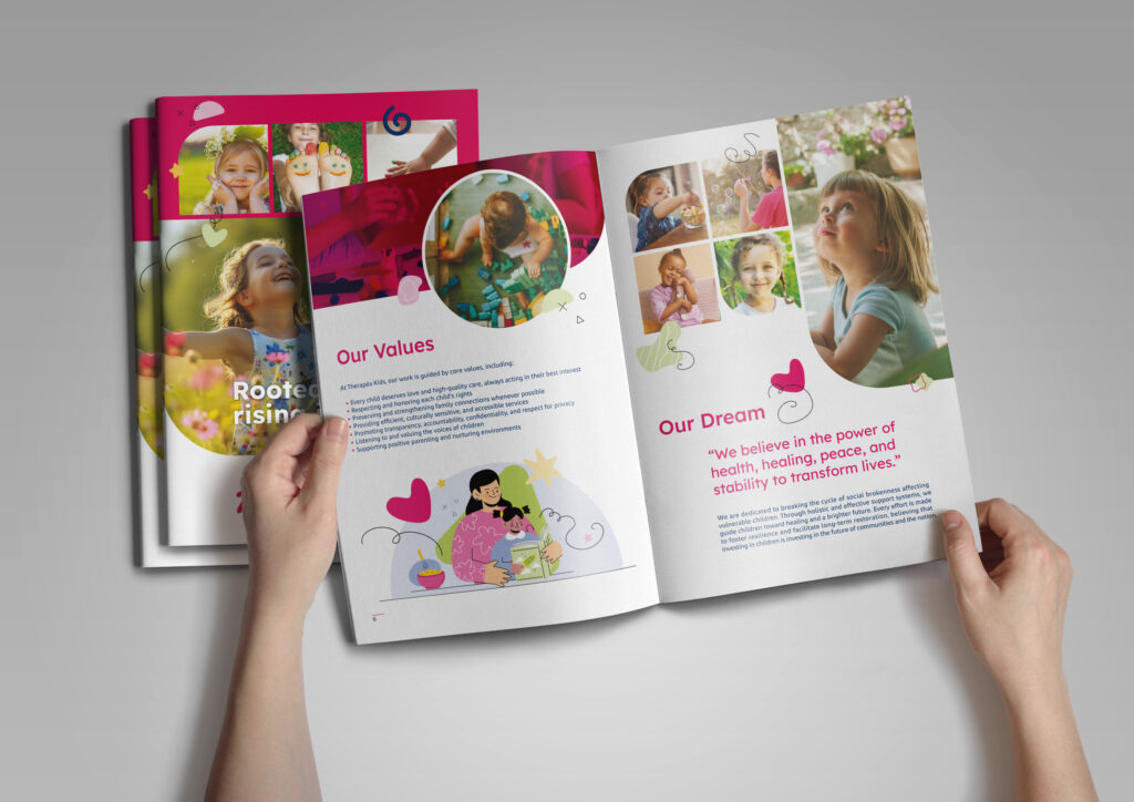 Gedruckte Broschüre von Therapea Kids mit Werten, Vision und Kinderbildern – Corporate Design für Non-Profit Organisation in Südafrika.