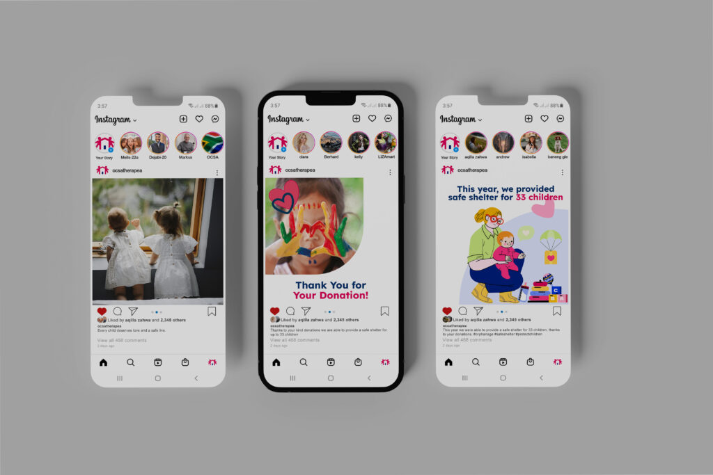 Instagram-Posts für Therapea Kids mit Kinderbildern, Spendenaufruf und Illustrationen – Social-Media-Auftritt für Safe Shelter Organisation in Südafrika.